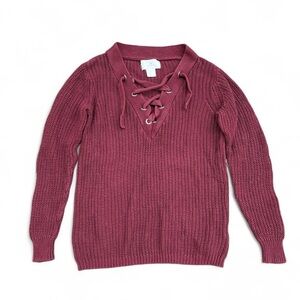 Ruby Moon corset tie up deep v neck 100% cotton sweater Bordeaux Red Wine Maroon